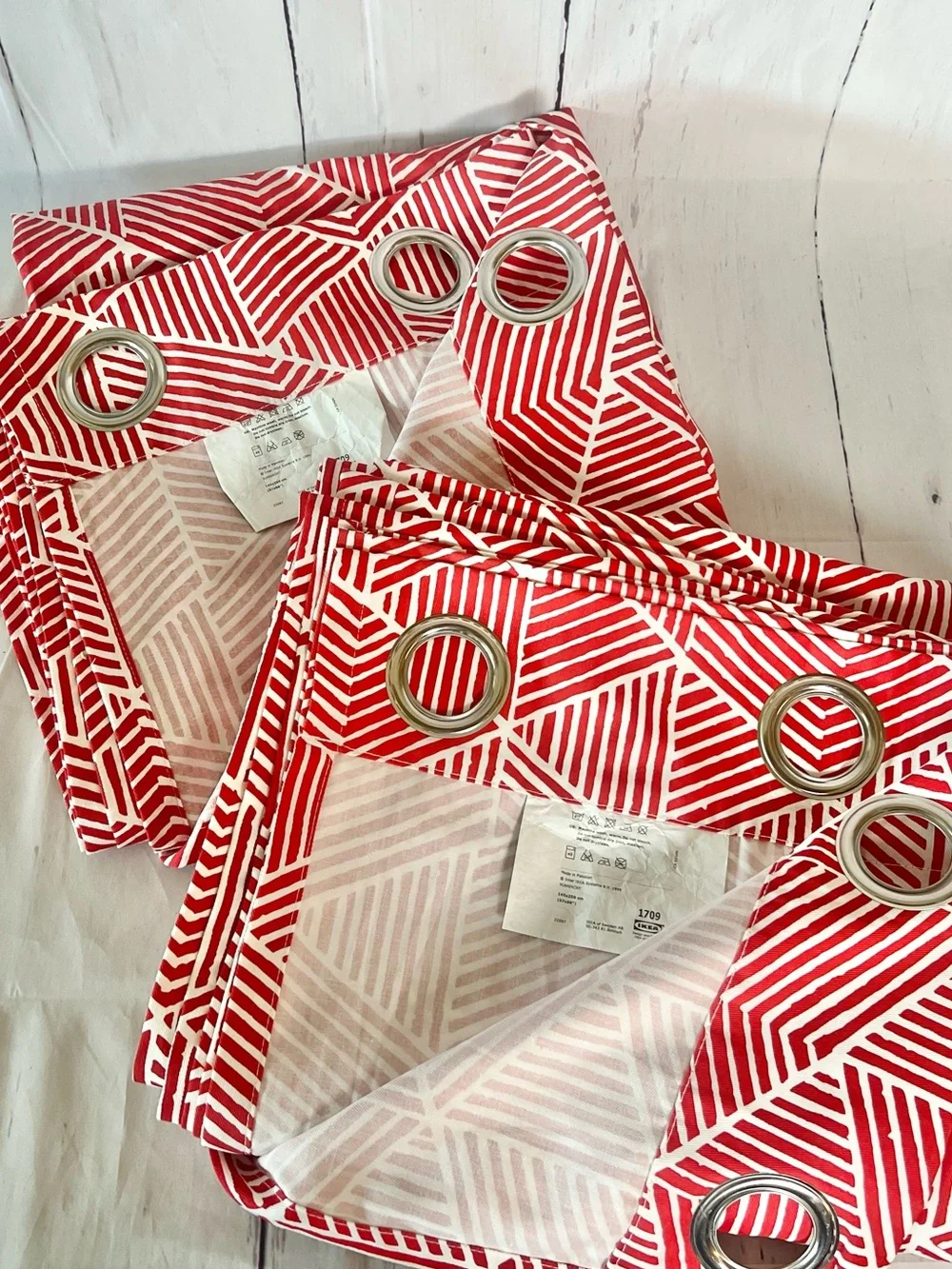 IKEA PRARIEOXALIS Red and White Geometric Grommet Top Curtain Panel Set of Two